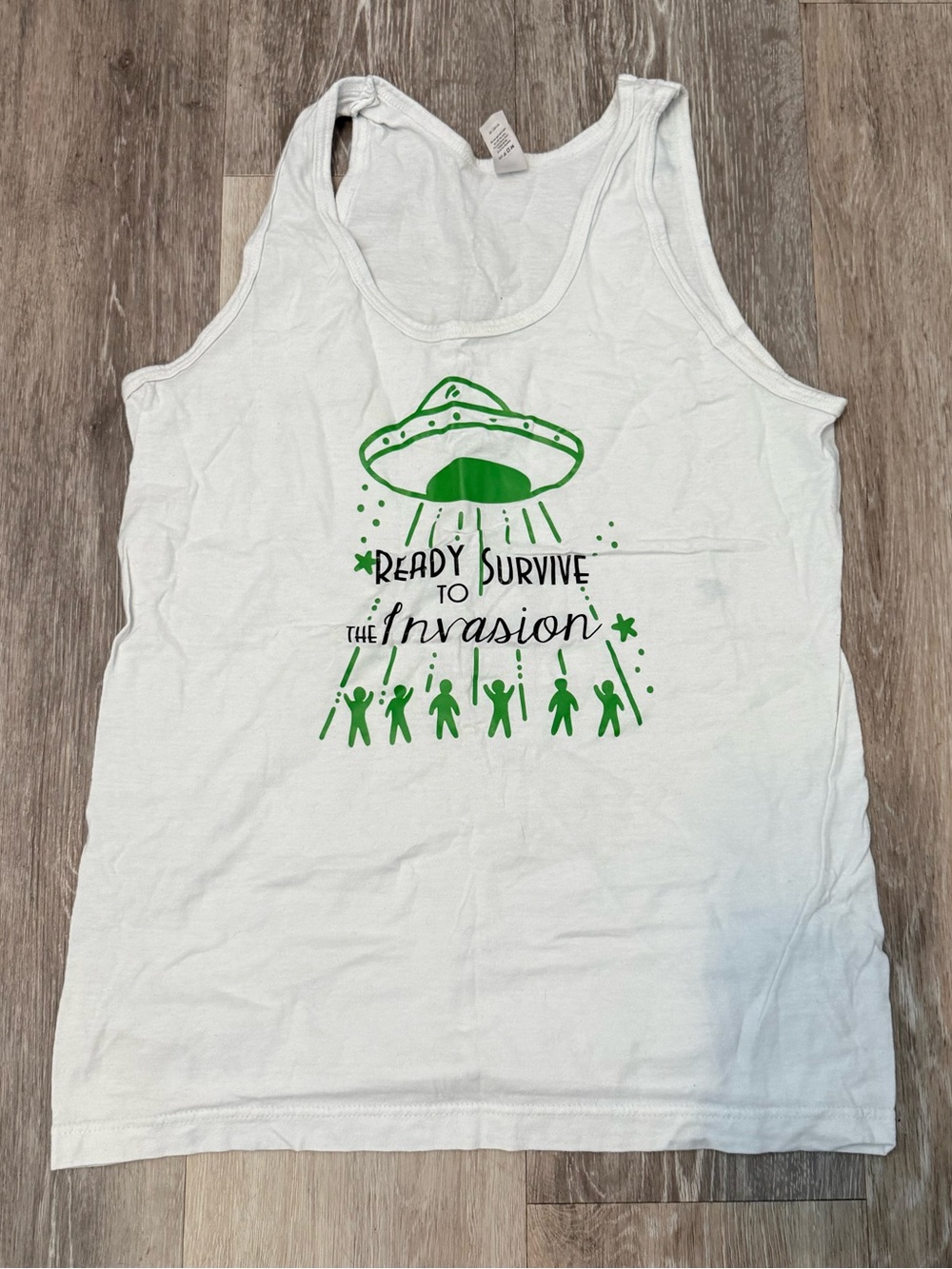 Top Gun UFO White Tank Top with Green Graphic - Ready to Survive the Invasion